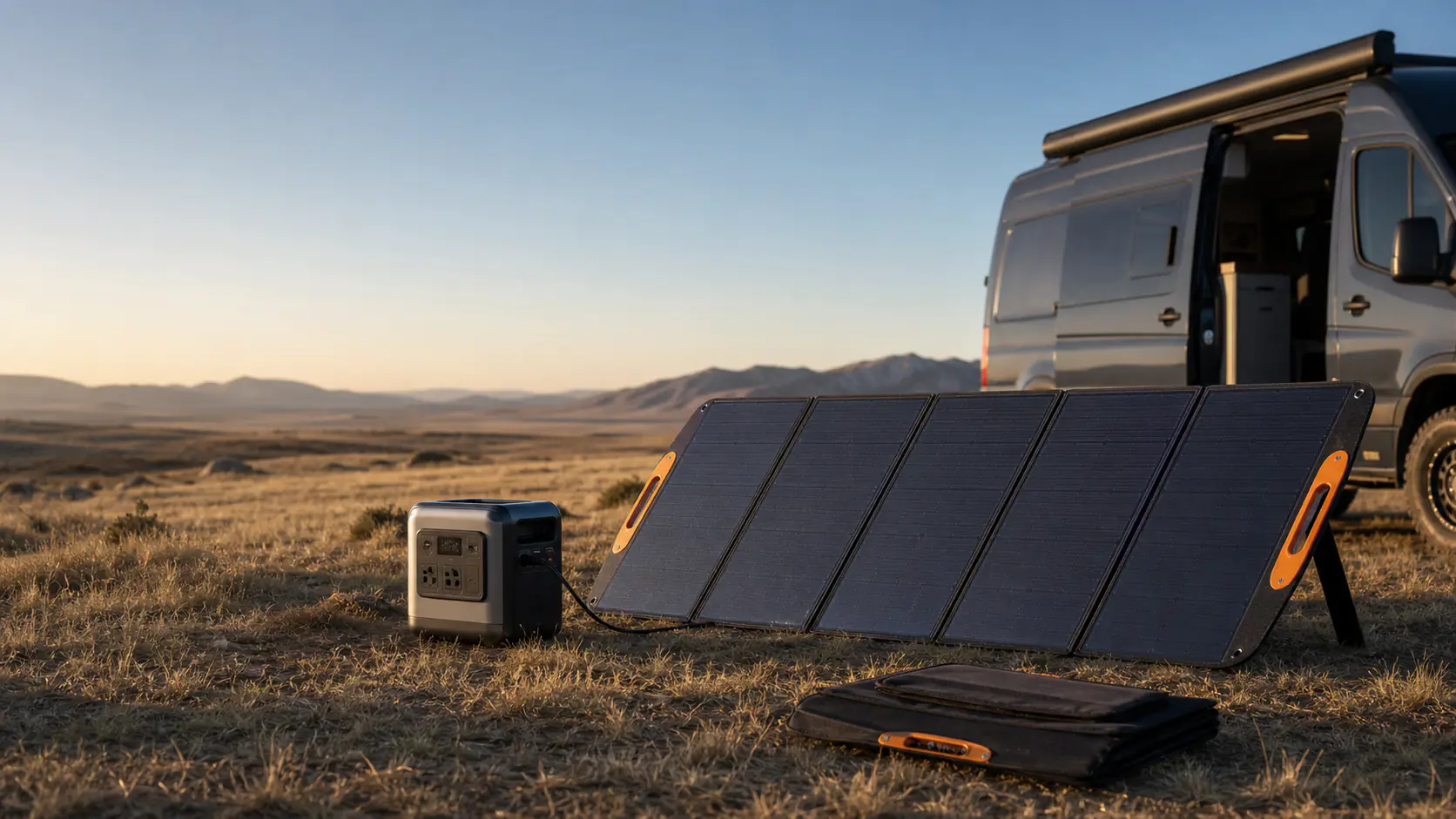High-power foldable solar panels charging a portable power station beside a camper van