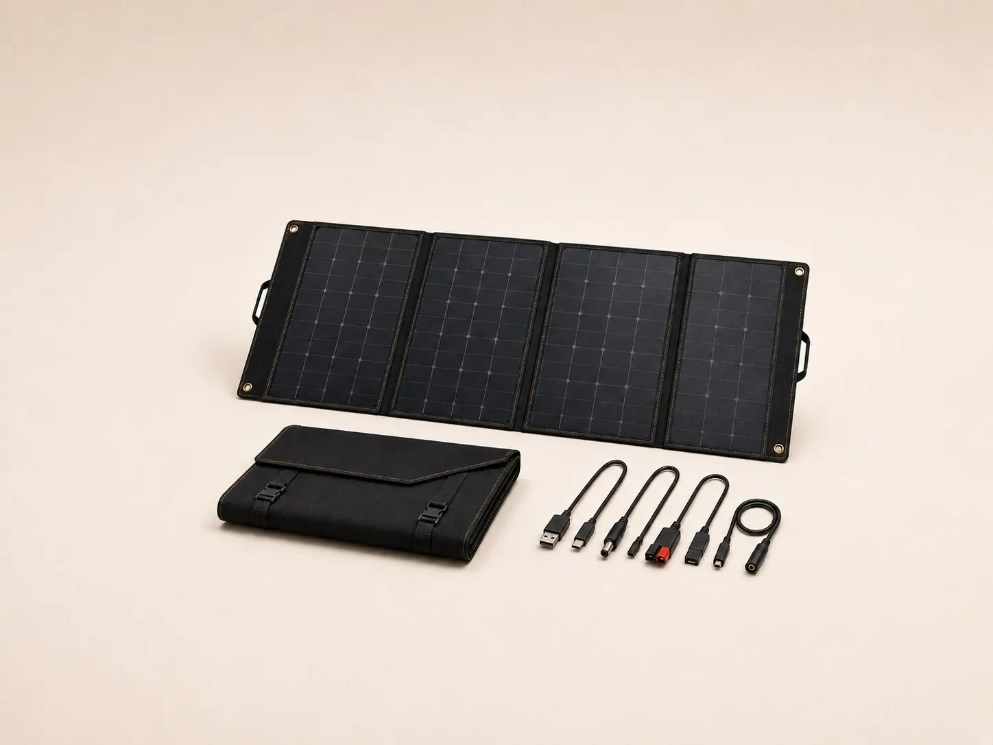 30W–125W portable foldable solar panels with charging adapters