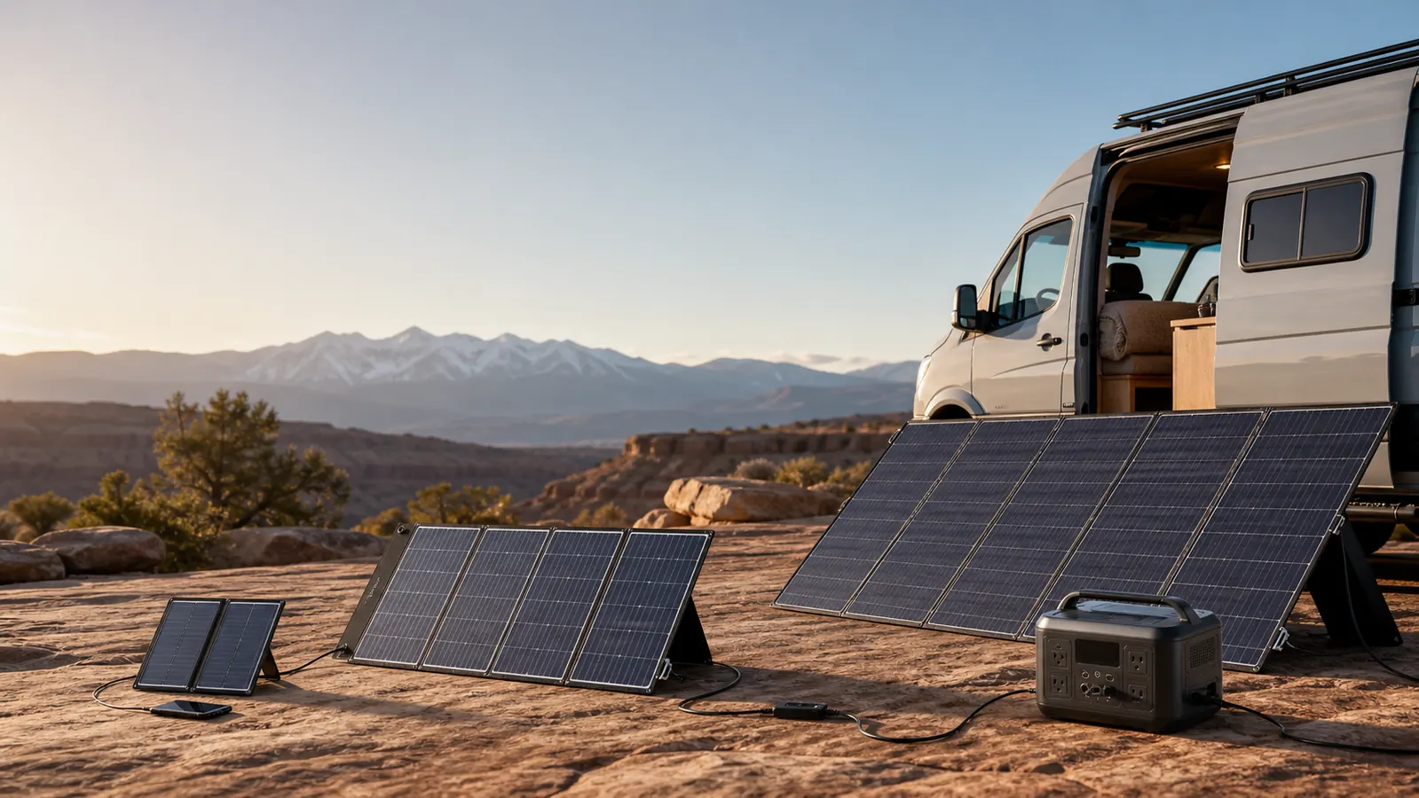 Compact, medium and high-power foldable solar panels arranged beside a camper van